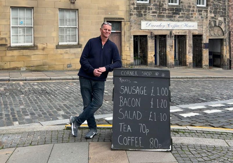 Keith McDowall outside the Stirling corner shop. 