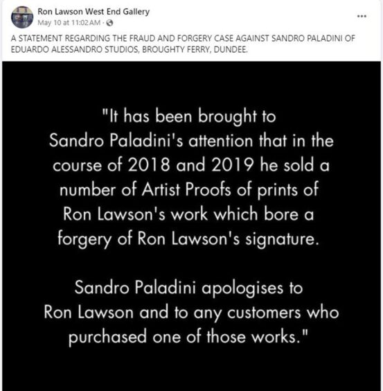 Apology message posted on Ron Lawson's Facebook page