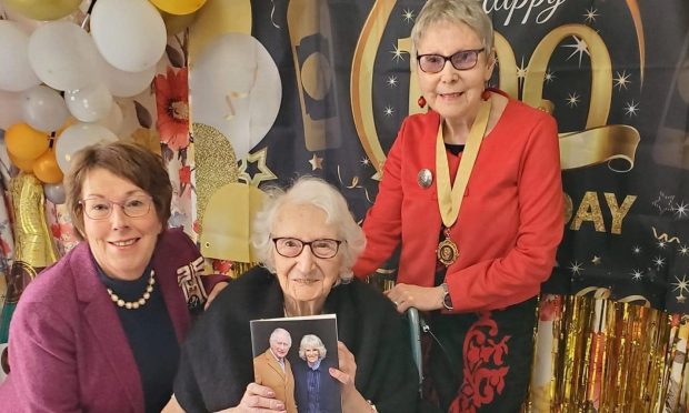 Leonora Meek on her 100th birthday with Angus Lord Lieutenant Pat Sawers (left) and Depute Angus Provost Linda Clark. Image: Lunan Court Care Home