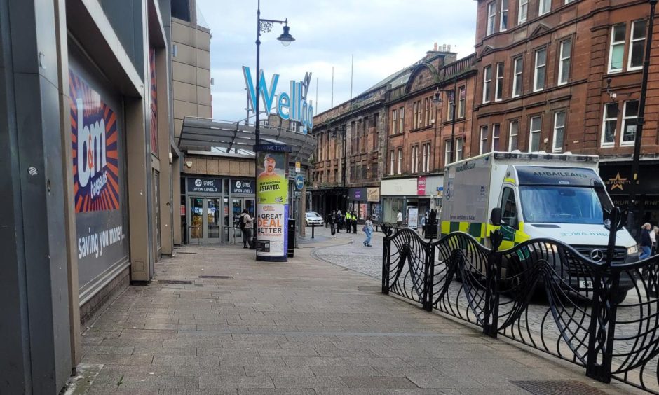 An ambulance outside Dundee's Wellgate Shopping Centre after it was evacuated on Wednesday.