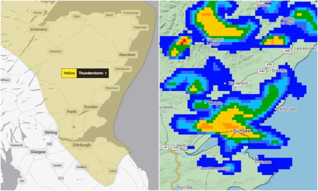 Met Office maps show yellow weather warning and rainfall over Tayside and Fife on Monday.