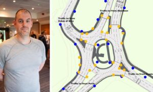 Invergowrie resident Fraser Duncan and map of Swallow Rounsabout improvements.