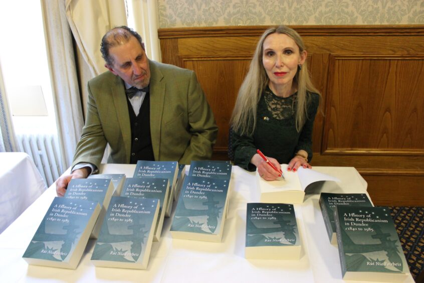 Paul Philippou of Tippermuir books with Ruth Forbes at the launch of her new book A History of Irish Republicanism in Dundee.