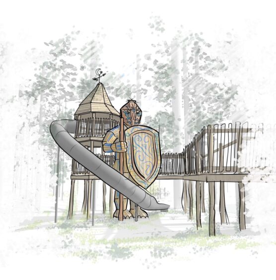 artist impression of timber climbing frame with large Pictish figure