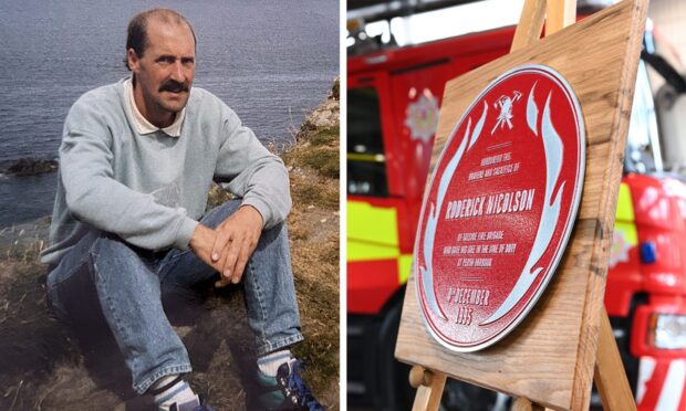 Snap shot of Roderick Nicolson on one side, and red plaque in his honour on the other
