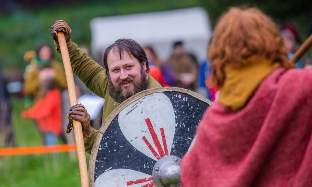 CR0048124 - unknown reporter  - Perthshire area - Dunkeld Living History Weekend - Picture shows scenes from the event  - Vikings training display provided by ''
Regia Anglorum'' group 
    -- Stanley Hill Park, Dunkeld -- Saturday 4th May 2024   --- Image: Steve MacDougall/DC Thomson