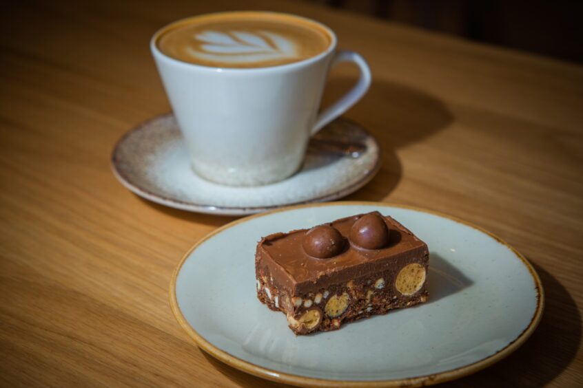 Malteser traybake and a latte at Stone Café in Perth Museum. 