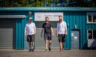 Three men outside Wasted Degrees brewery building in Blair Atholl
