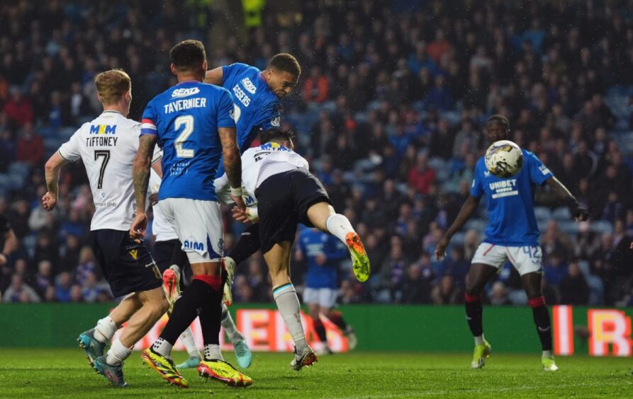 Rangers' Cyriel Dessers makes it 2-2 against Dundee. Image: PA