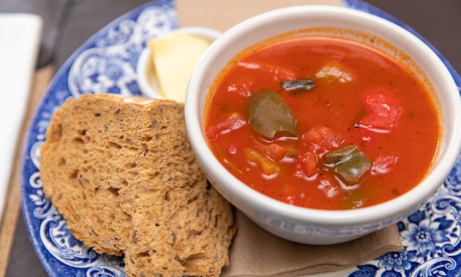 Tomato and roasted pepper soup with crusty bread and butter.