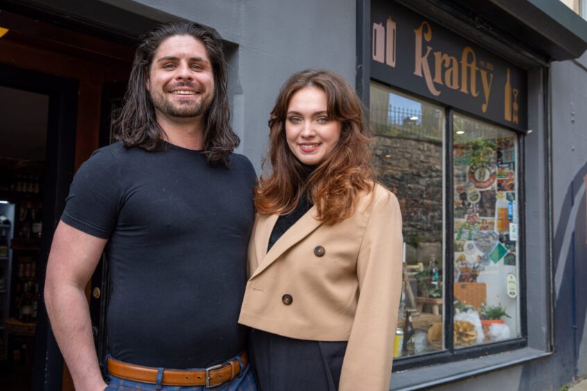 Megan Lindop alongside partner Ross Lindsay outside their Kirkcaldy Krafty Fine Drinks shop.