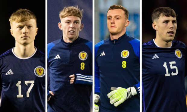 (L to R) Dundee's Lyall Cameron, Dundee United's Kai Fotheringham and Jack Newman, and Josh Mulligan of the Dark Blues are all in the latest Scotland under-21 squad. Images: SNS