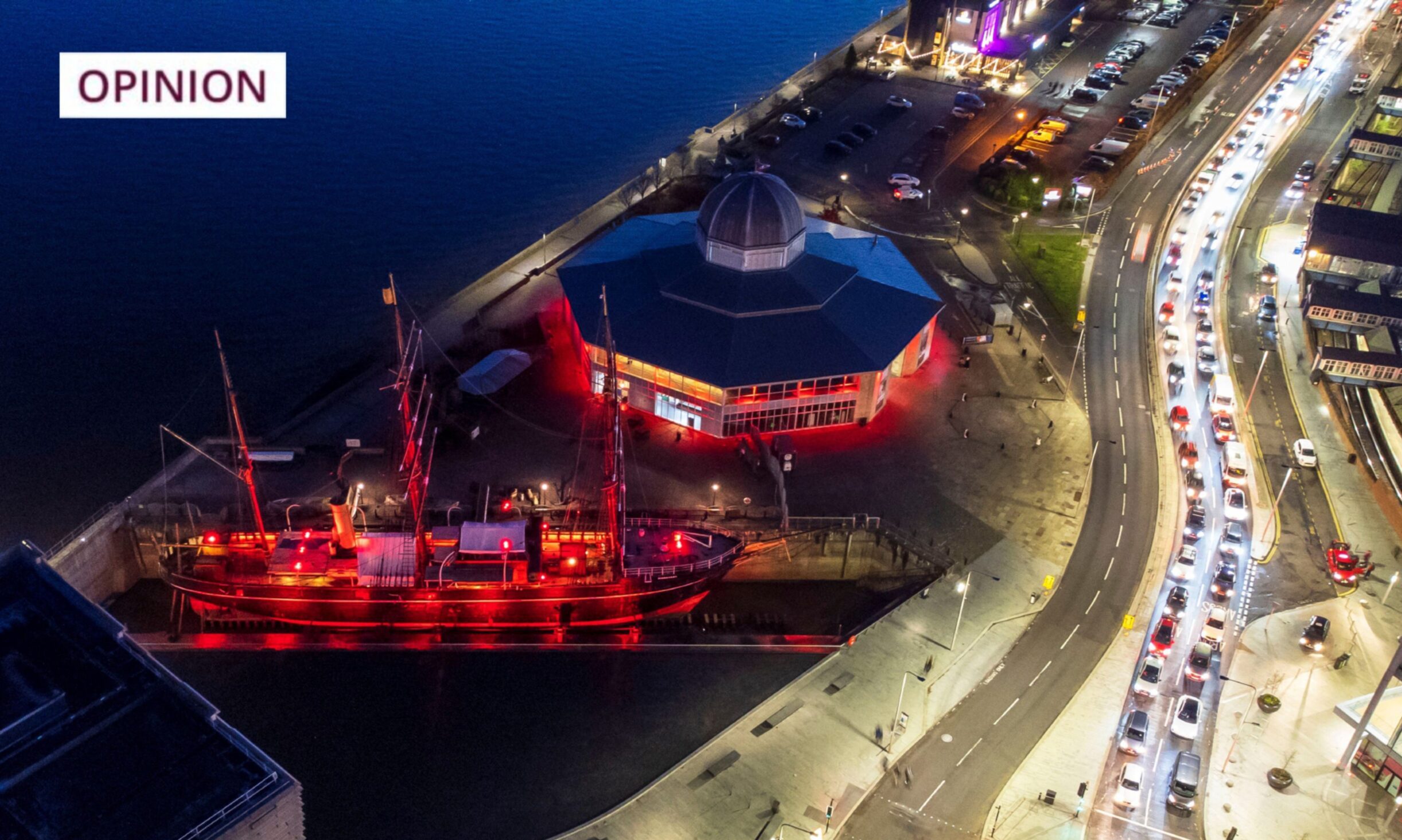 The RRS Discovery and Discovery Point in Dundee illuminated in red light for the Light Up Red campaign ahead of Armistice Day 2023. Image: Jane Barlow/PA Wire.