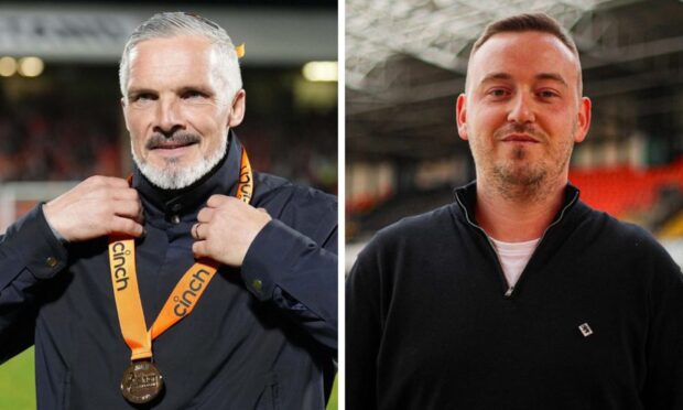 Dundee United boss Jim Goodwin (left) and head of recruitment Michael Cairney (right).