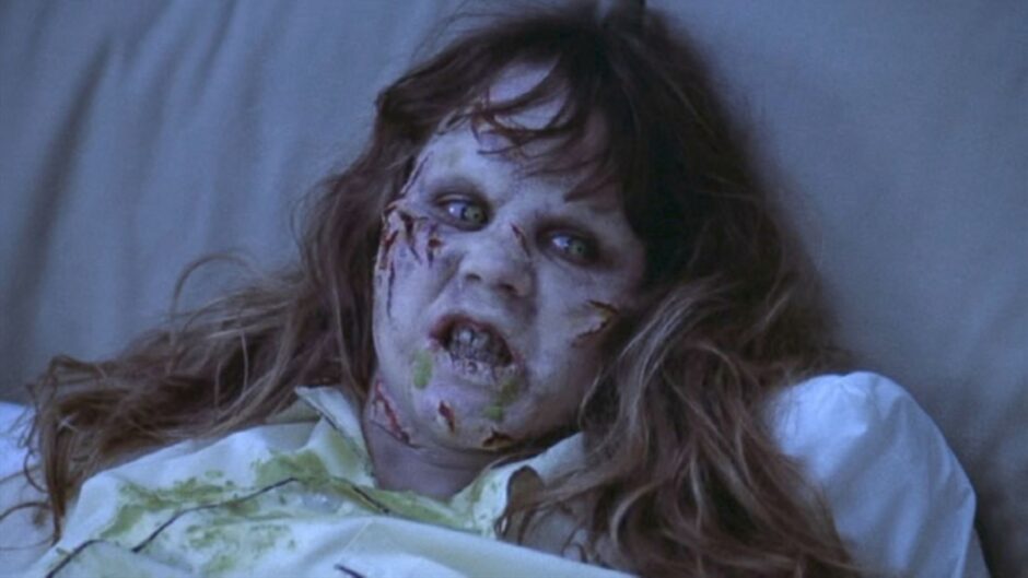 A scene from The Exorcist, 1973, in which a young girl, played by Linda Blair, is possessed by a demon.