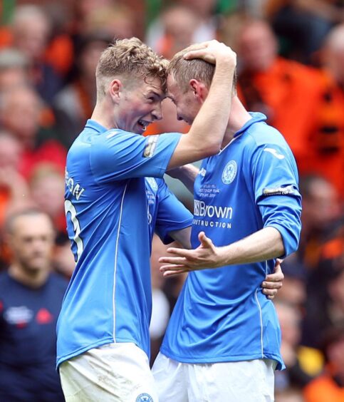 Two St Johnstone legends celebrating an iconic goal - Steven Anderson and David Wotherspoon. 