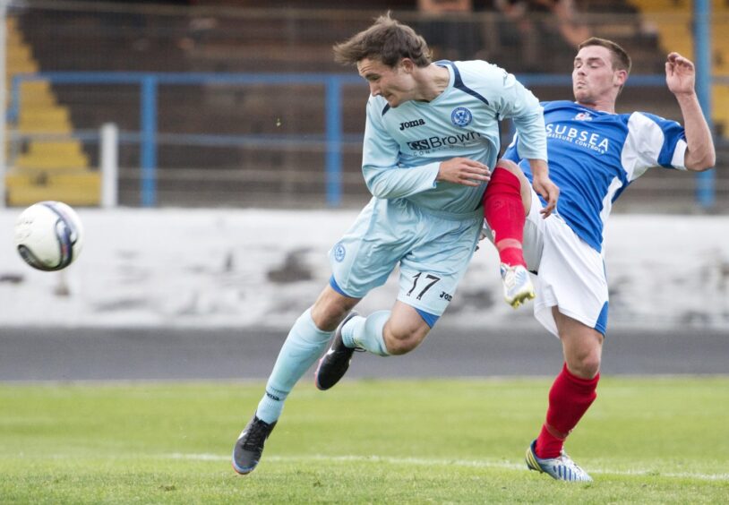 An August, 2013 pre-season friendly at Cowdenbeath was Chris Kane's first appearance in a St Johnstone first team. Here he comes close to marking the occasion with a headed goal. 