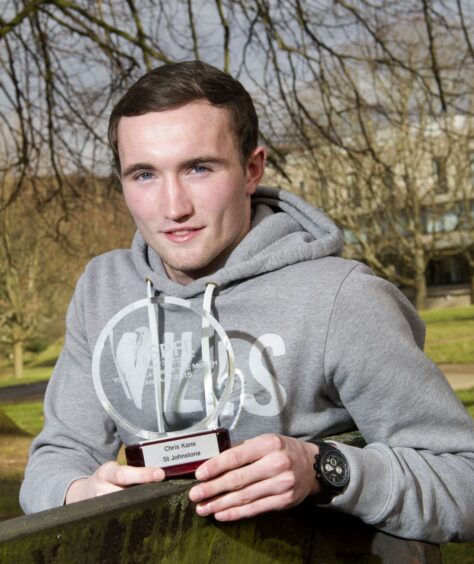 Chris Kane with the January, 2015 Premiership Young Player of the Month award.