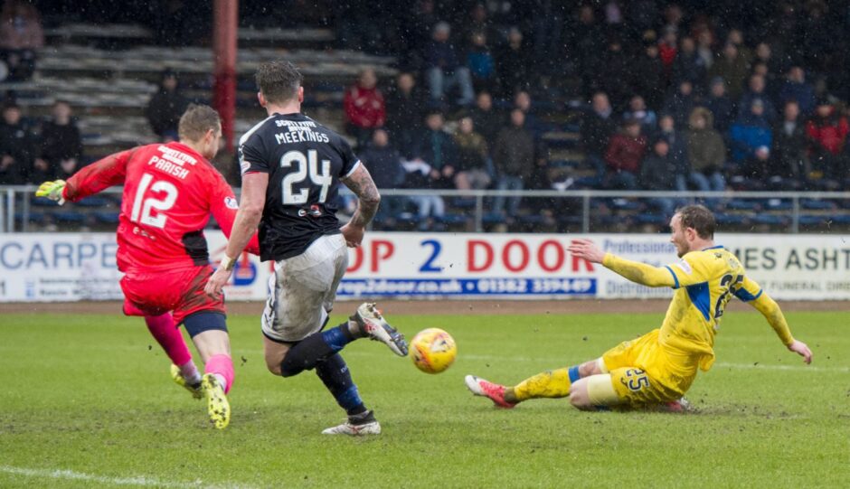Chris Kane twice scored doubles against Dundee, which certainly didn't harm his popularity with Saints supporters. This goal made it 4-0 at Dens Park in March, 2018.