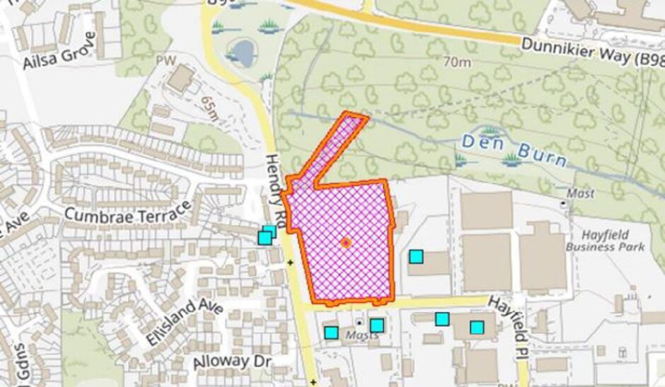 A map showing the site of the proposed Kirkcaldy business development in pink.