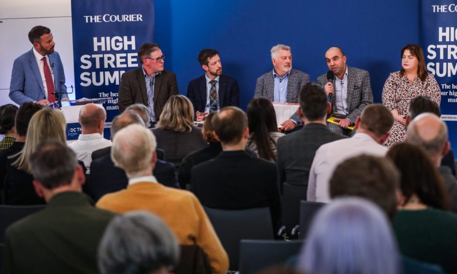 The Courier's High Street Summit event featured The Courier editor David Clegg, Matt Colledge of Altrincham Forward, Dundee City Council leader John Alexander, Ron Smith of Glamis Investments, urban planning expert Dr Husam Alwaer and Dundee and Angus Chamber of Commerce president Kelly-Anne Fairweather, all pictured sitting on a platform before the crowd.
