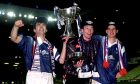 Scott Thomson flanked by Raith Rovers goal-scorers Gordon Dalziel and Stevie Crawford.