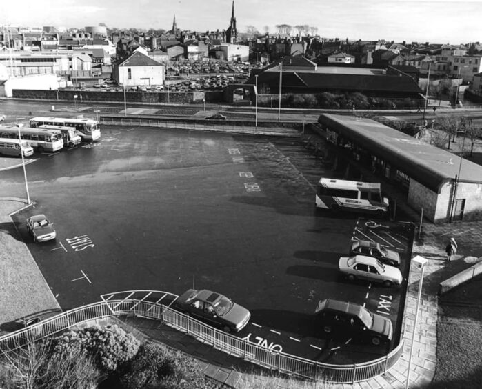 An aerial view of Arbroath bus station in January 1993. 