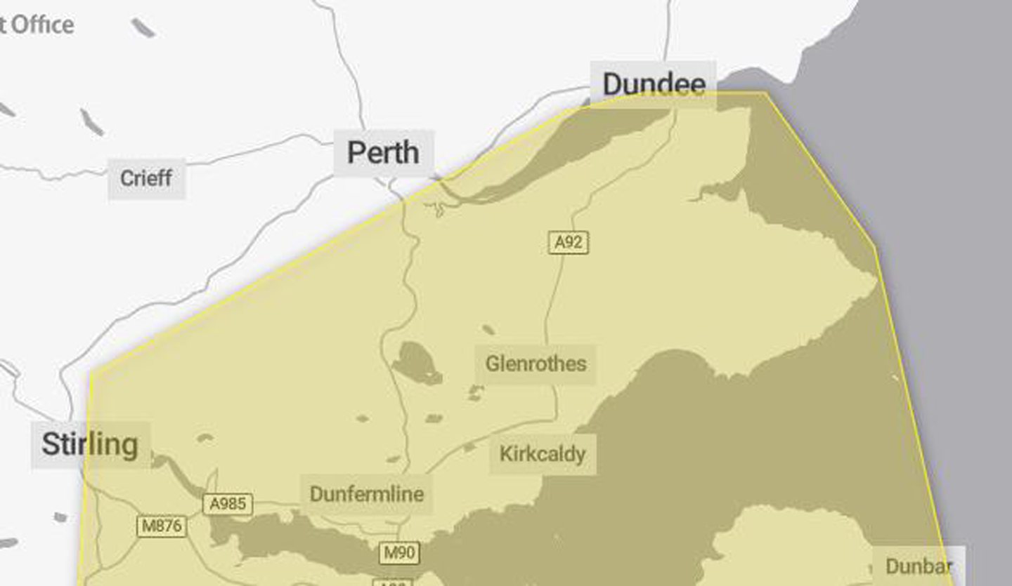 Map shows parts of Perthshire, Fife and Dundee affected by the warning.