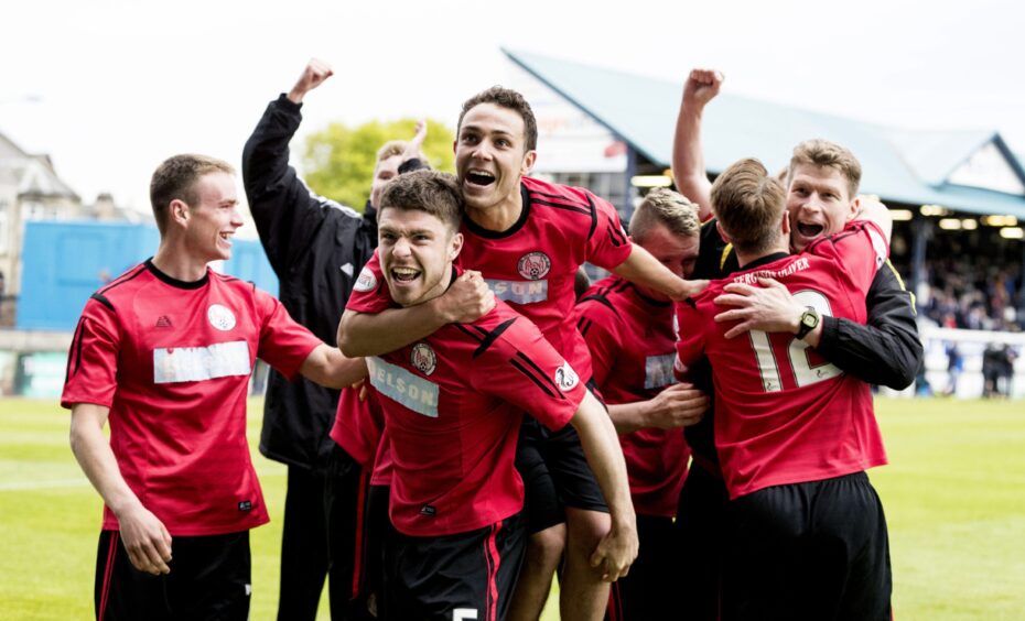 Brechin City players celebrate their play-off win over Raith Rovers in 2017.