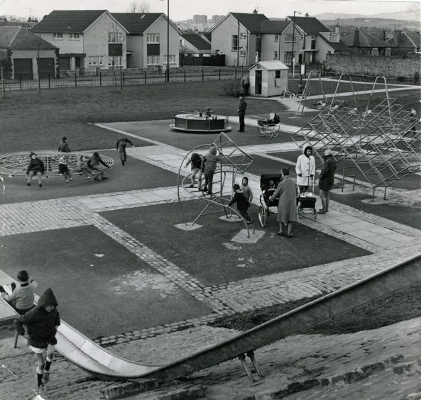 Children playing at Forthill playpark, Dundee, in April 1970.