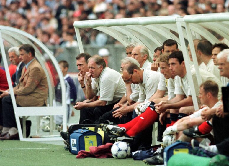 A crowded Scotland bench during the opening game of the 1998 World Cup in France against Brazil.