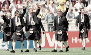 Scotland parade in their kilts before the opening game of France 98.