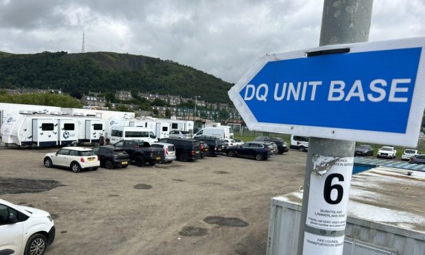 Dozens of film and production vehicles parked up in Burntisland.