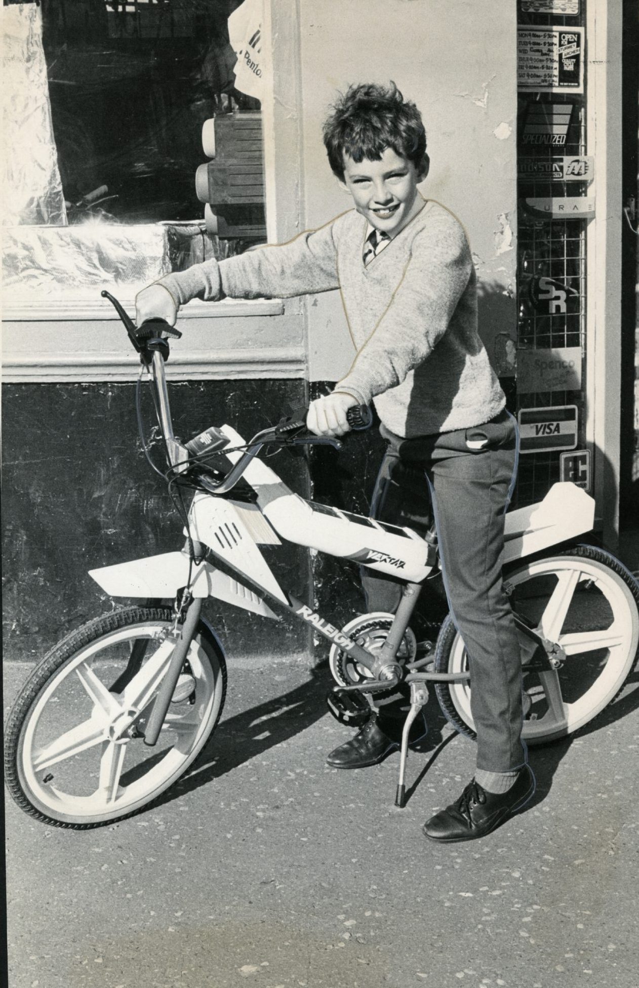 A smiling young boy with a Raleigh Vektar, which launched in 1985. 