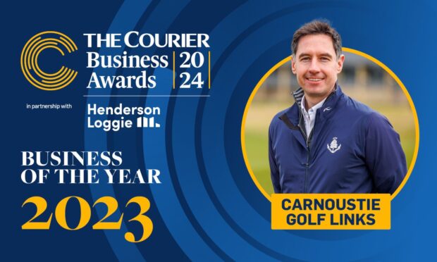 headshot of carnoustie golf links' mike wells with graphic on courier business awards