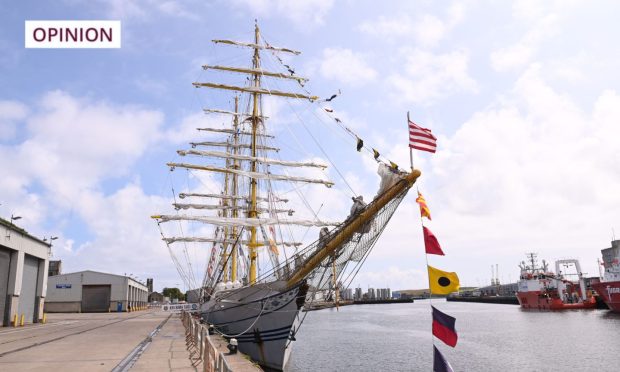 Statsraad Lehmkuhl and Bima Suci tall ships at Aberdeen harbour on a visit before the the 2025 Tall Ship Races. Image: Darrell Benns/DC Thomson