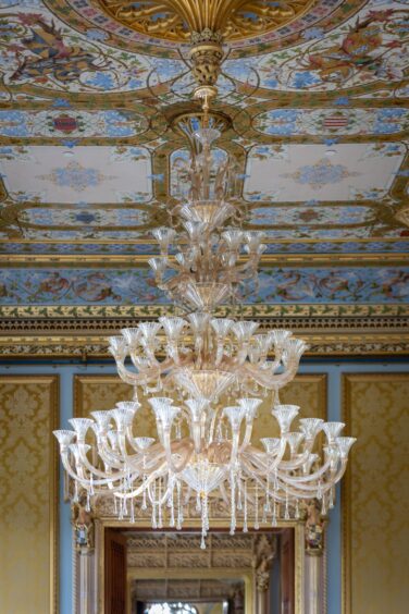 Chinese toom ceiling and chandelier at Taymouth Castle.