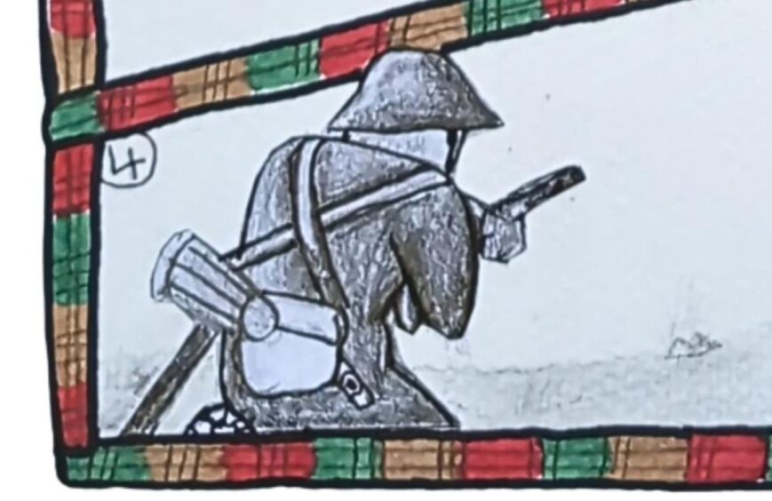 Child's drawing of soldier crouching with weapon