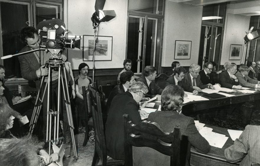 A BBC crew filming a housing committee meeting at Dundee City Chambers in February 1981.