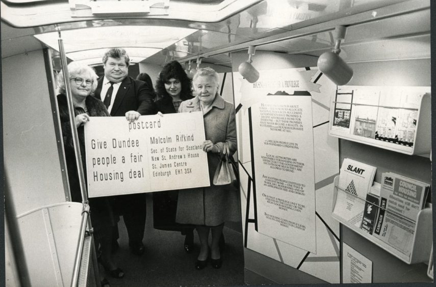Mr John Henderson, housing convener, with visitors as the Convention of Scottish Local Authorities Housing Roadshow arrived in City Square in March 1987.
