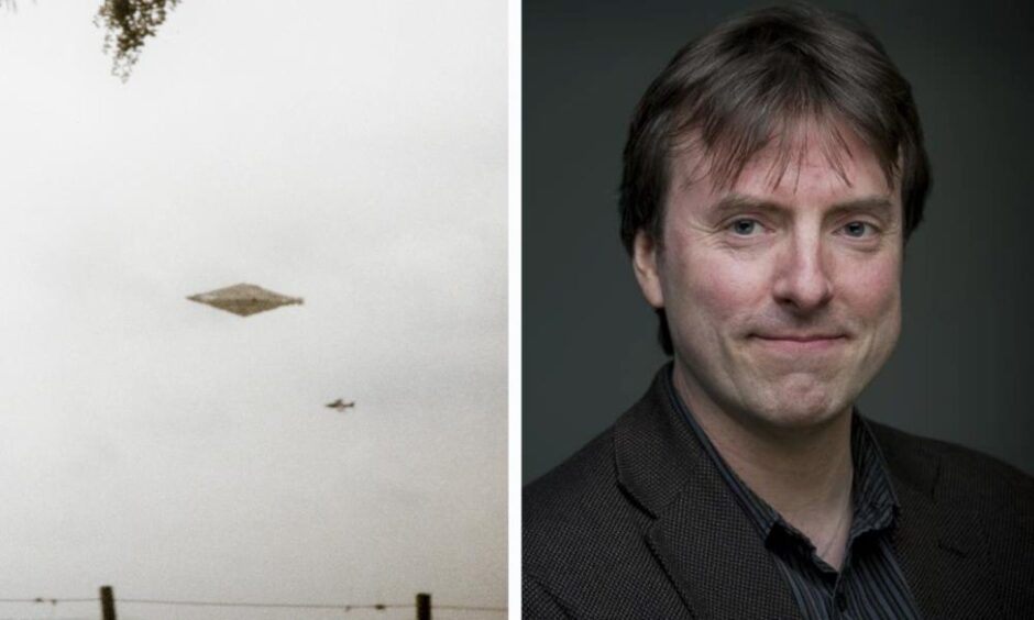 Split image, UFO image on one side, Dr David Clarke head and shoulders on the other.