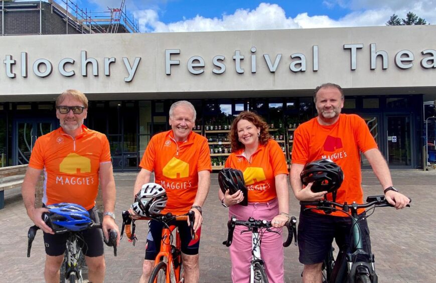 The four cyclists lined up outside Pitlochry Festival Theatre