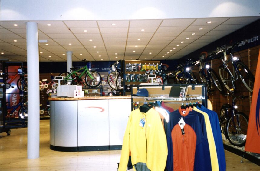 Clothing and bikes on display in the shop back in 2000. 