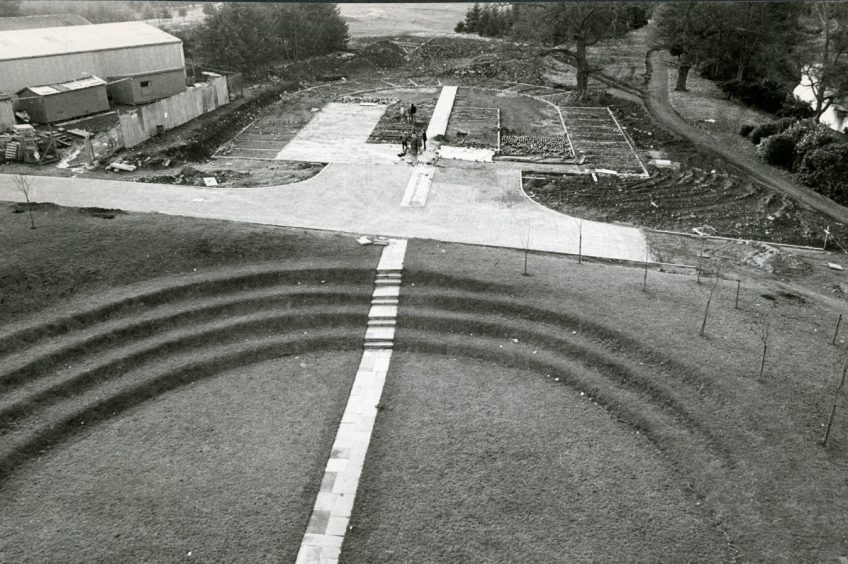 The amphitheatre and steps of Mains Castle seen from above in 1986.