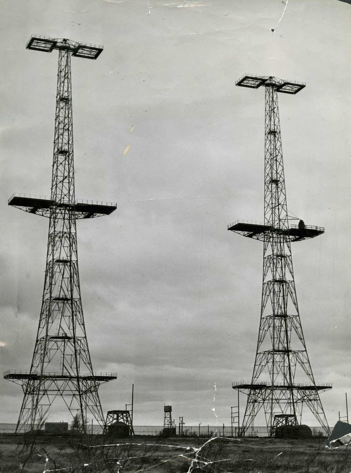 Two radar station pylons in Monikie in 1948. 