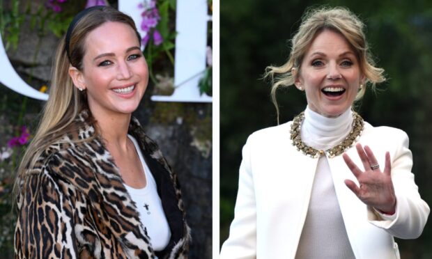 Jennifer Lawrence and Geri Halliwell at the Dior show in Perthshire. Image: David Fisher/Shutterstock/Andrew Milligan/PA Wire
