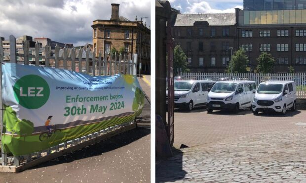 A banner advertising the Dundee LEZ just yards from the community justice department, and vans parked outside the office this week. Image: James Simpson/DC Thomson