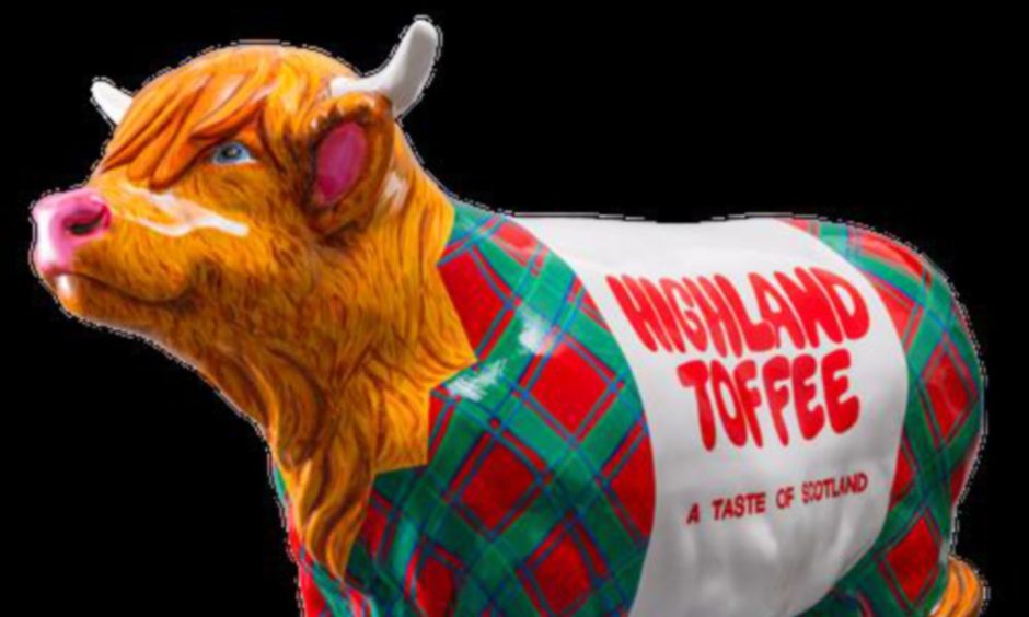 Highland Toffee model cow painted like a Highland toffee chew bar