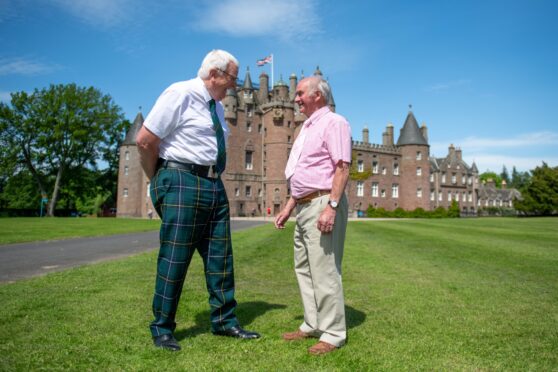 Current Strathmore Games chairman Alan Wood and founding committee member Bill Simpson at Glamis Castle ahead of Sunday's event. Image: Kim Cessford/DC Thomson