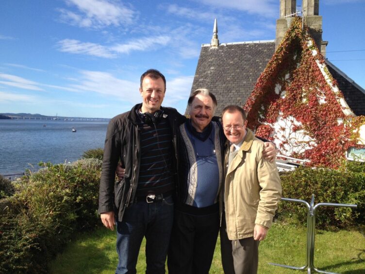 Author Neil Forsyth in Broughty Ferry alongside Scottish actors Brian Cox and Jonathon Watson. 